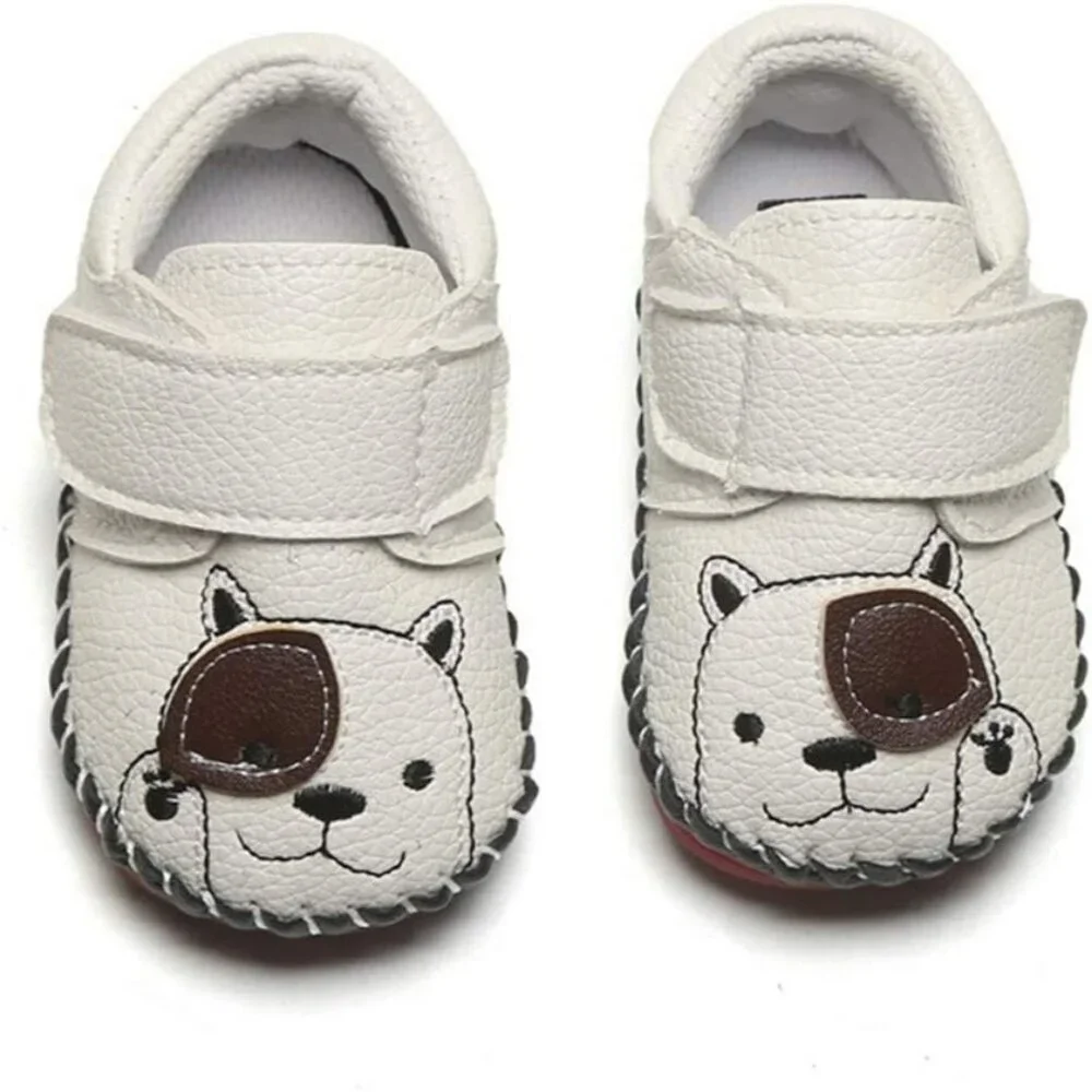 Toddler Dog/Cream White Baby Boys Girls Pu Leather Hard Bottom Walking Sneakers